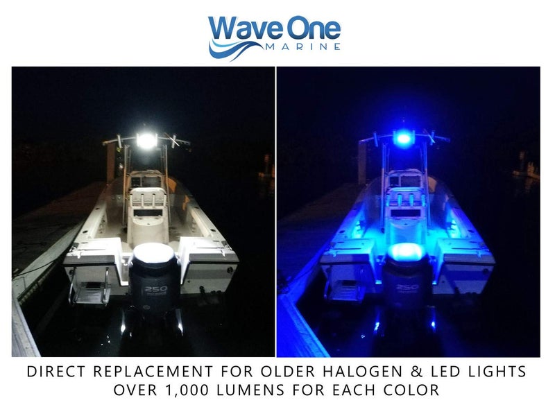 Wave One Marine Dual Color LED Boat Spreader Light Deck Flood Beam Stainless Hardware & Bracket IP68 Waterproof Multicolor Bright High Lumen Output (Black Housing, White & Blue) - Image 5